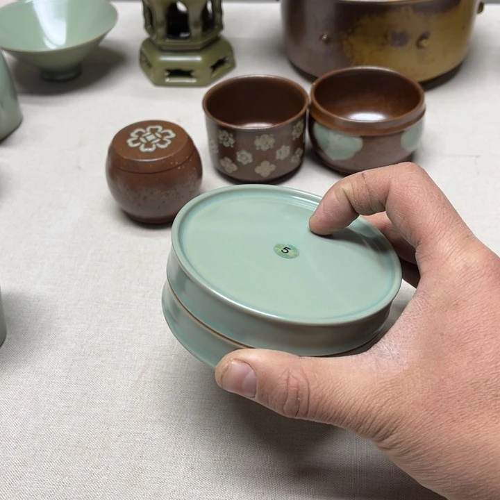 摆件天蓝釉汝瓷大瑕仿古粉盒