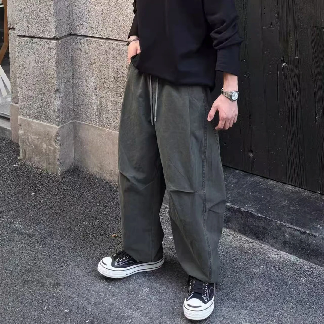 秋季新款美式弯刀阔腿裤男潮流纯色时尚工装裤百搭帅气挺阔直筒裤