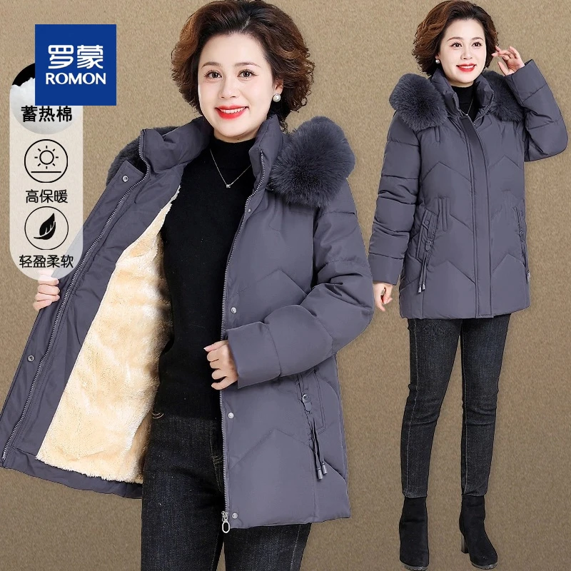 罗蒙洋气妈妈冬装保暖棉服外套女中长款中老年冬季加绒加厚棉衣