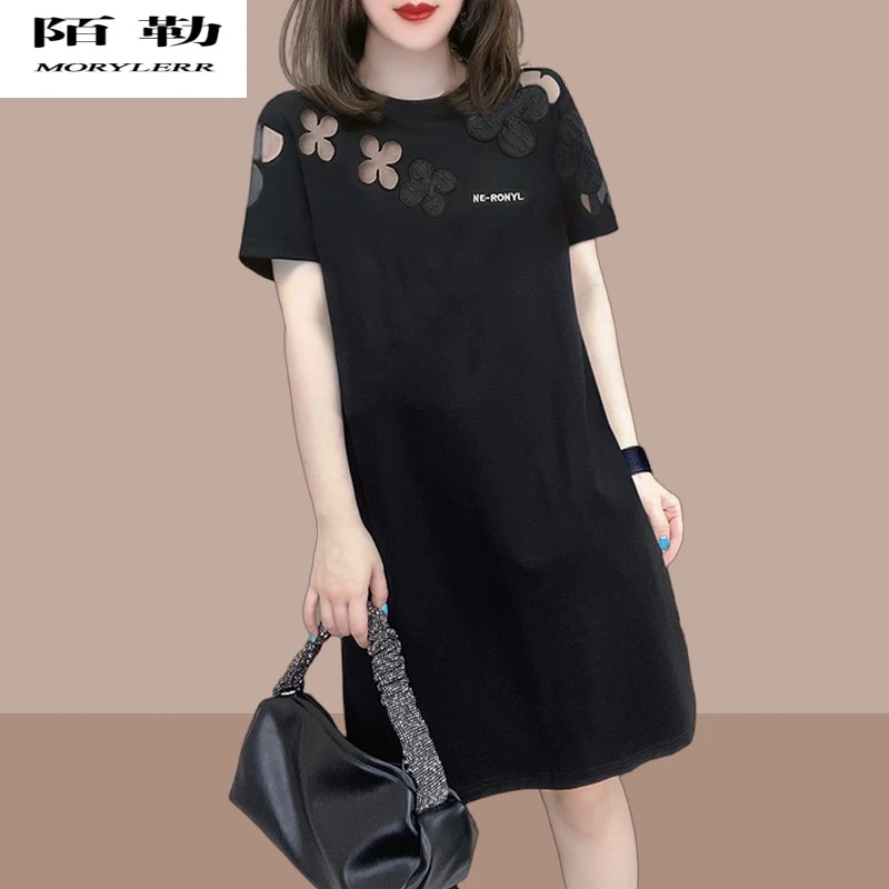 勒2024夏装新款高级感黑色圆领镂空小众宽松气质显瘦女士连衣裙子