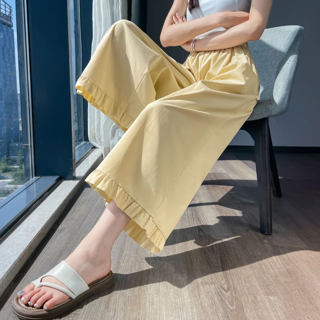 冰丝木耳花边阔腿裤女2025夏季薄款高腰宽松显瘦百搭垂感九分裤裙
