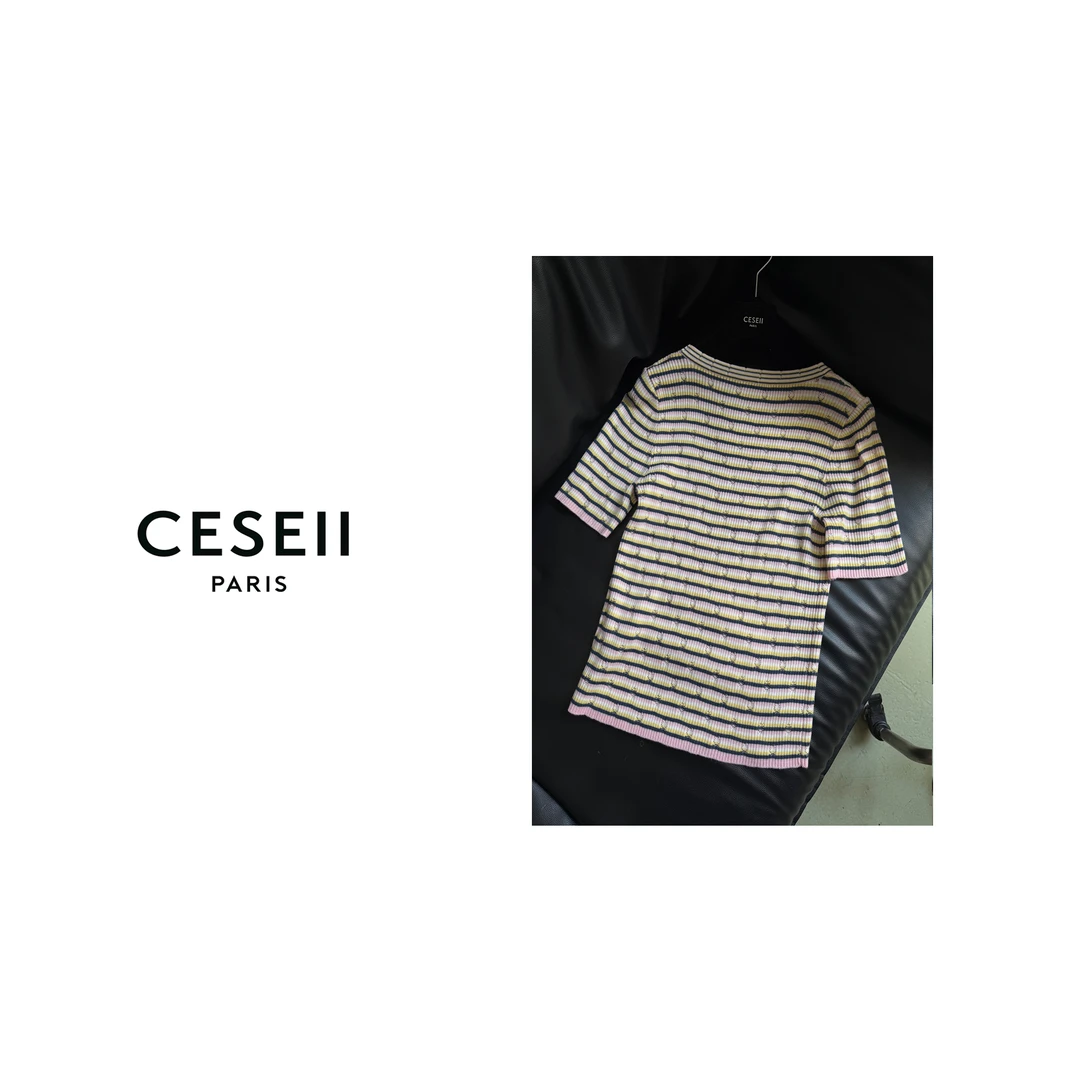 【25XJ054】CESEII2025春夏时尚色织重工条纹刺绣针织短袖