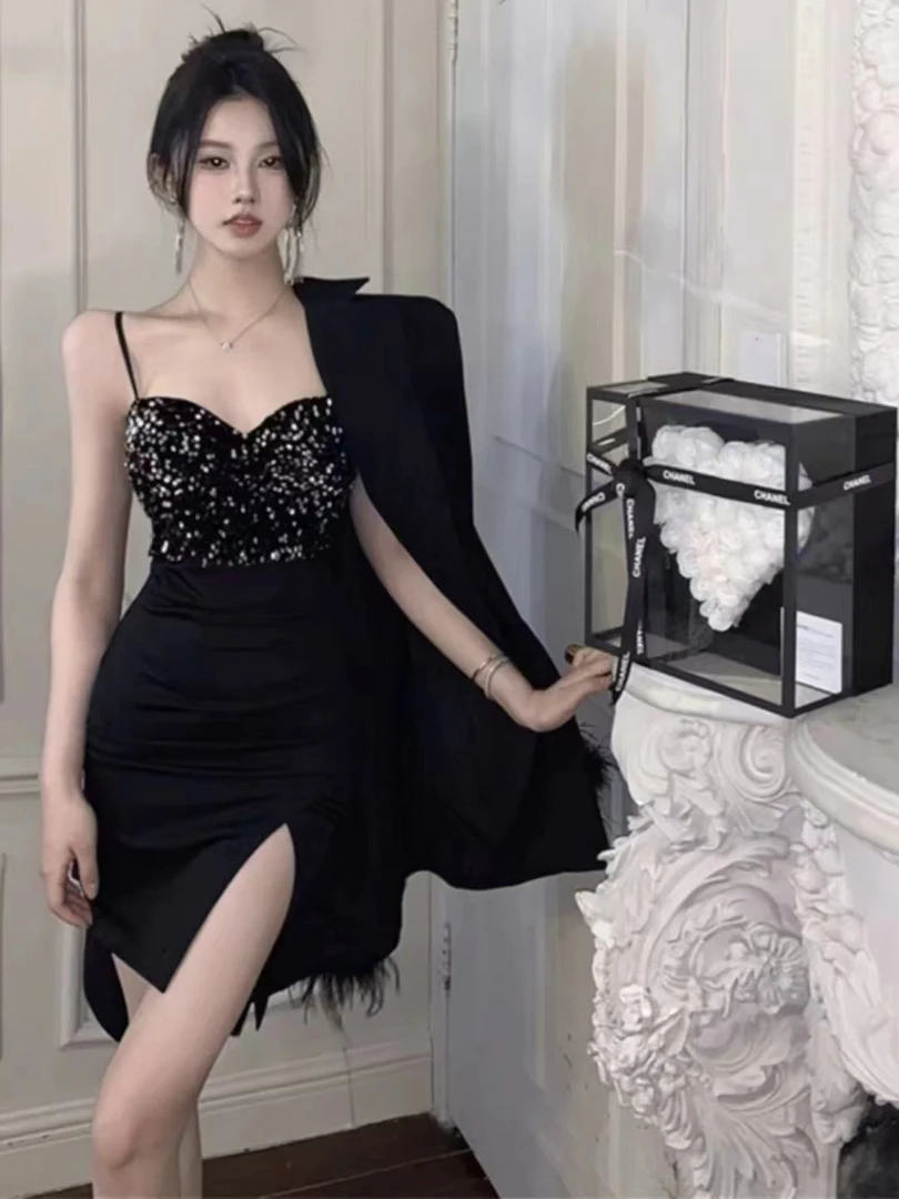 小白家高级感亮片拼接开叉性感打底小礼服包臀连衣裙3381-3382