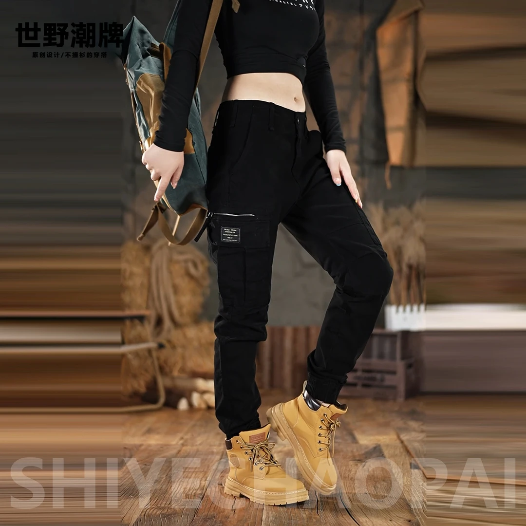 男女户外登山大码工装裤机车风弹力多口袋休闲束脚长裤