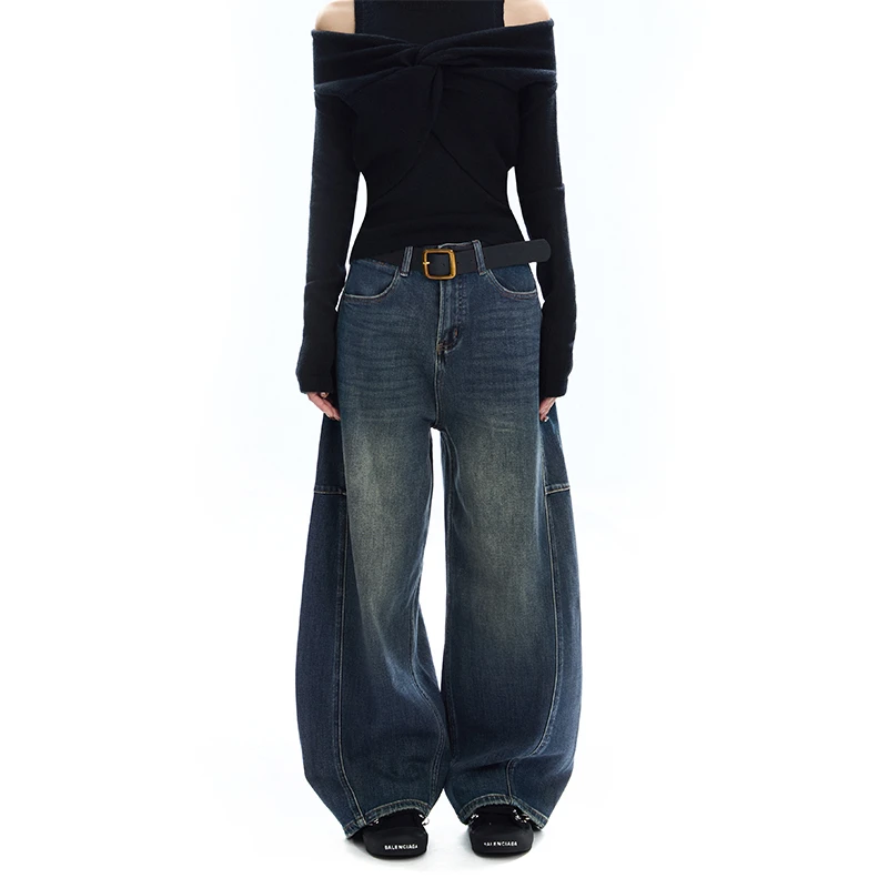 APEA美式复古深蓝色牛仔裤女2024秋季新款配腰带宽松阔腿灯笼裤子