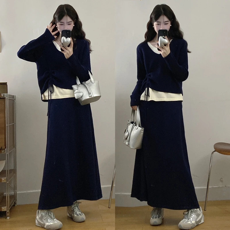 大码胖mm秋季新款洋气质减龄显瘦针织假两件上衣半身裙两件套装女
