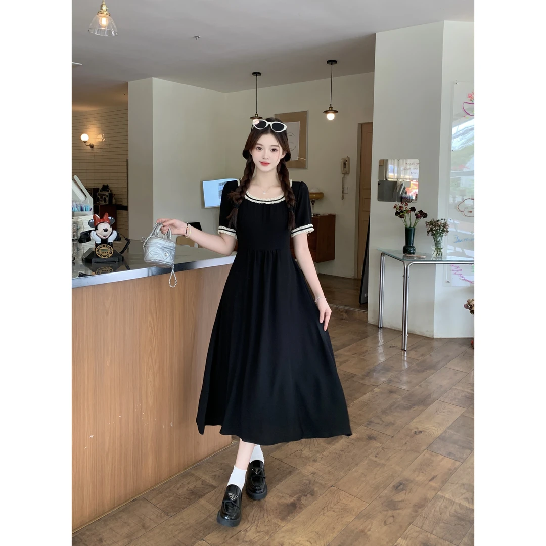 长大码女2025夏季法式黑色长裙胖mm显瘦气质蕾丝花边连衣裙64229