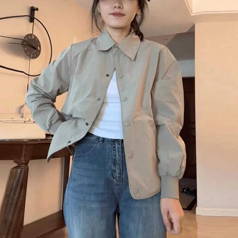 时尚气质原宿风外套女2025秋季胖mm设计感POLO领长袖纯色夹克上衣