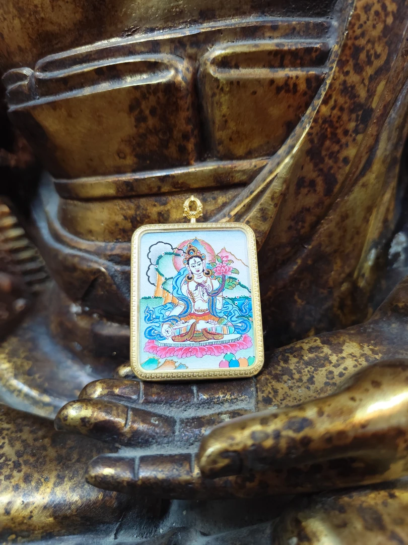 黄铜吊坠 白度母纯天然矿石手工绘制女性护法神