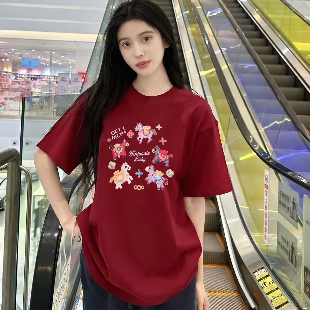 纯棉美式复古落肩ins短袖T恤女夏新款设计感小众百搭红色半袖上衣