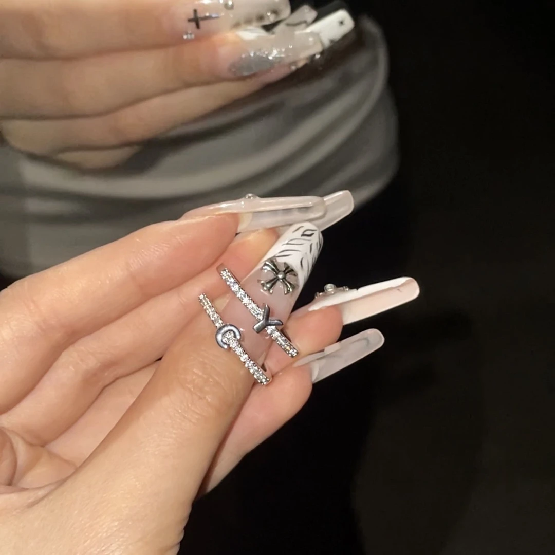 铜合金合成锆石戒指 DIY字母轻奢满钻设计感活口原创设计