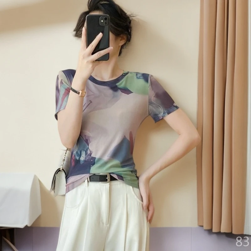 修身洋气纱衣气质打底衫微胖短袖女款爆款2025新款正版网纱上衣夏