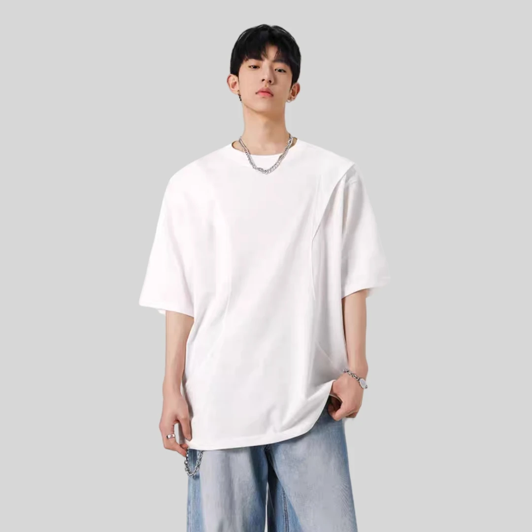 潮牌设计款弧线拼接绗线解构T恤夏季薄款宽松时尚百搭短袖半袖T恤