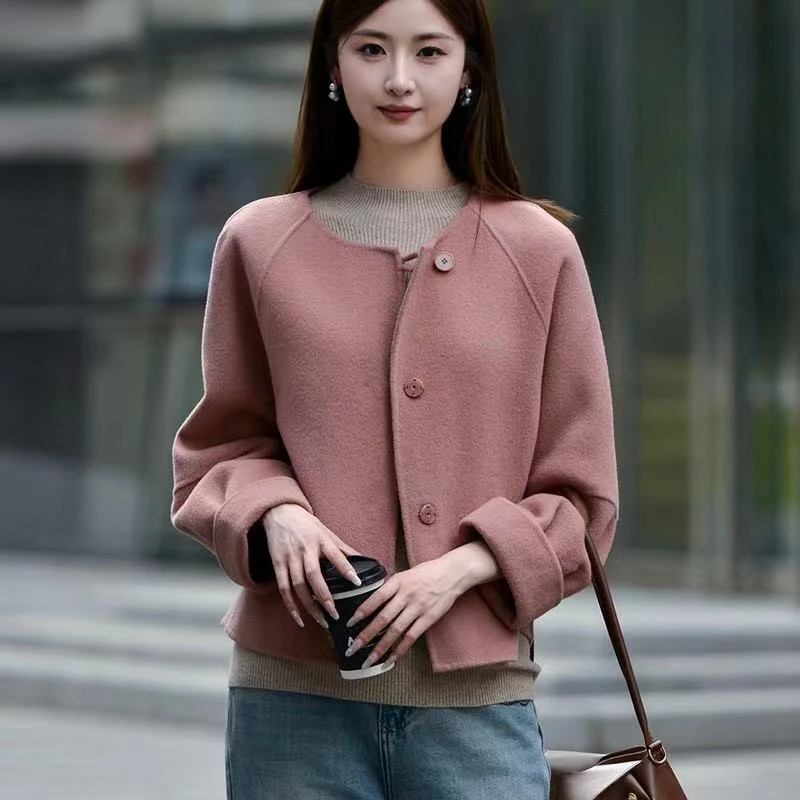 2024秋冬新款女士短款低圆领长袖一粒扣韩版百搭羊毛毛呢外套3020