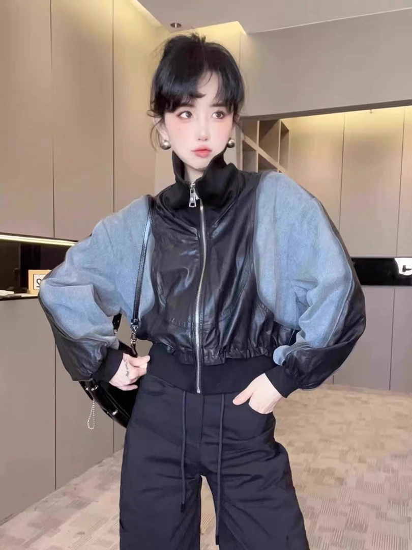 拼皮外套女欧洲站女装牛仔拼接拉链立领长袖明线上衣