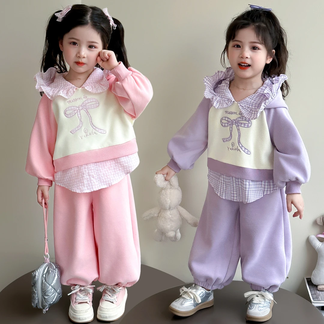 女童花边连帽套装洋气春秋季新款韩版女宝宝休闲两件套小女孩时髦