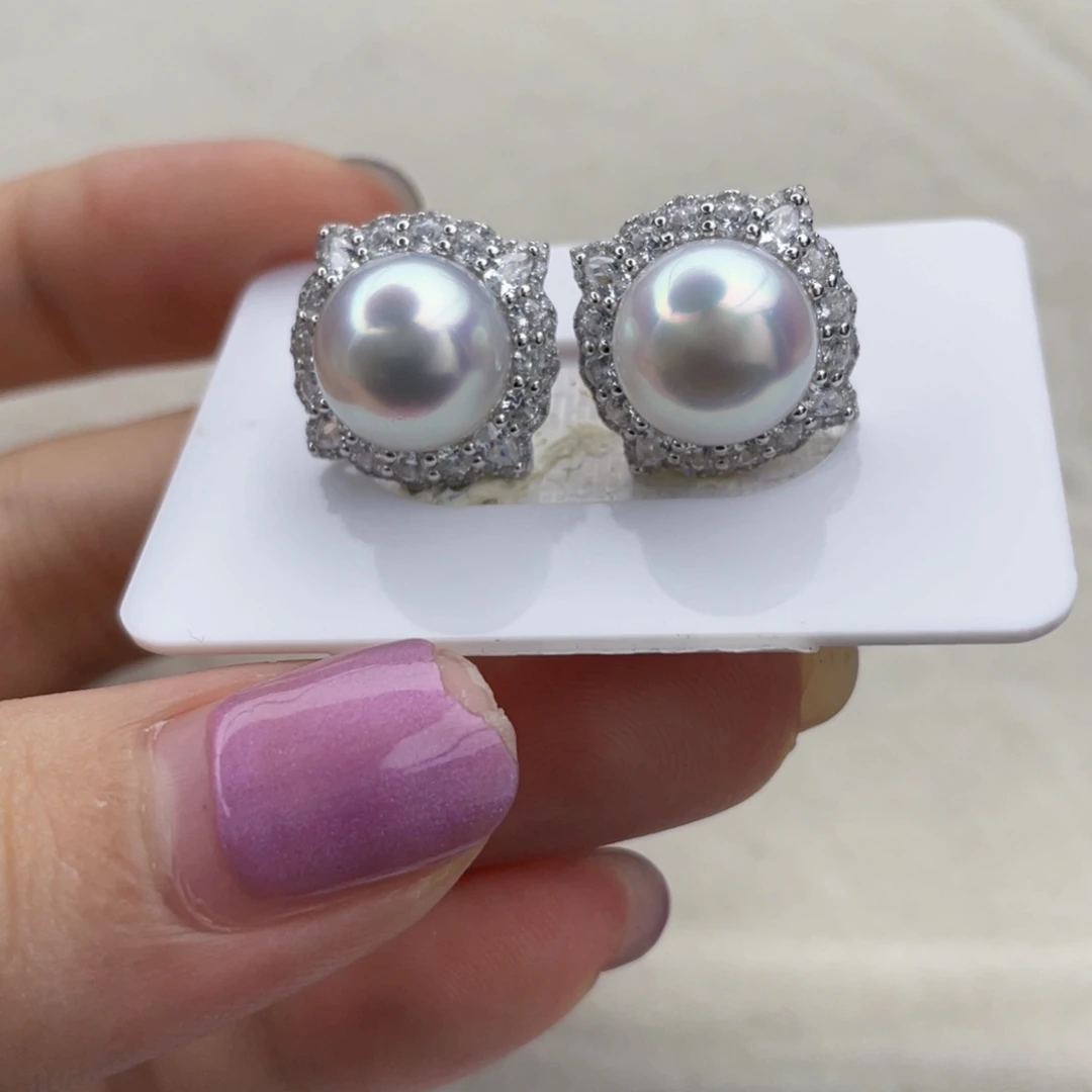 耳饰银S925镶嵌海水珍珠极光镜面澳白10-11成品精品对珠
