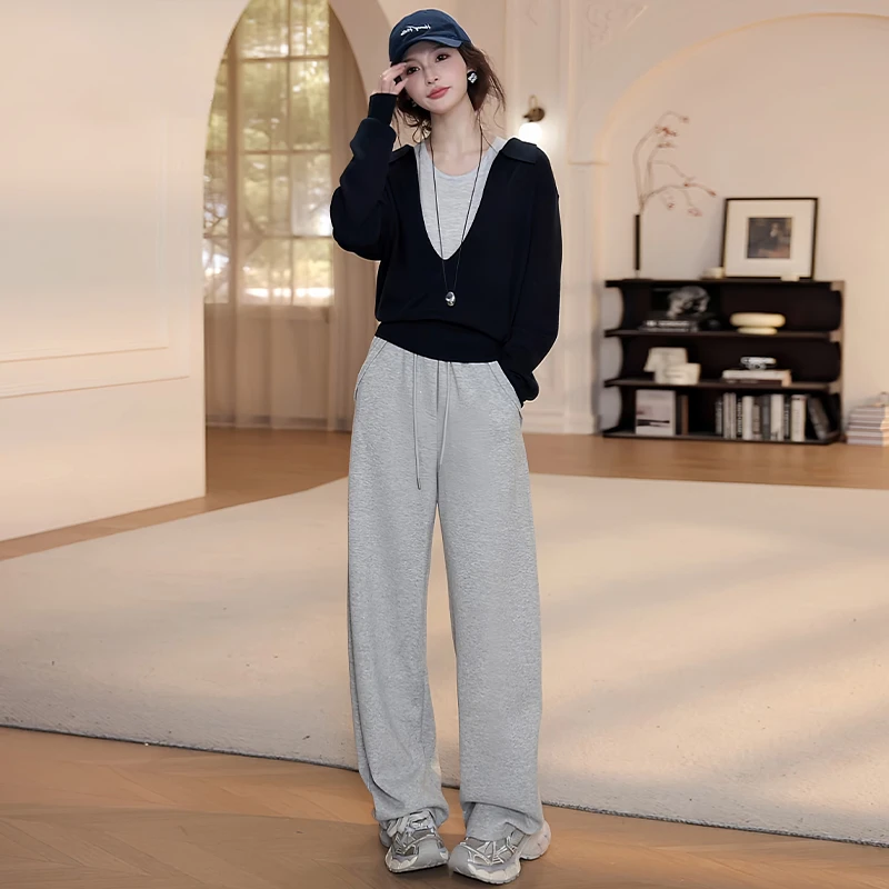 休闲设计感小众套装女2025年秋冬新款宽松长袖针织衫阔腿裤两件套