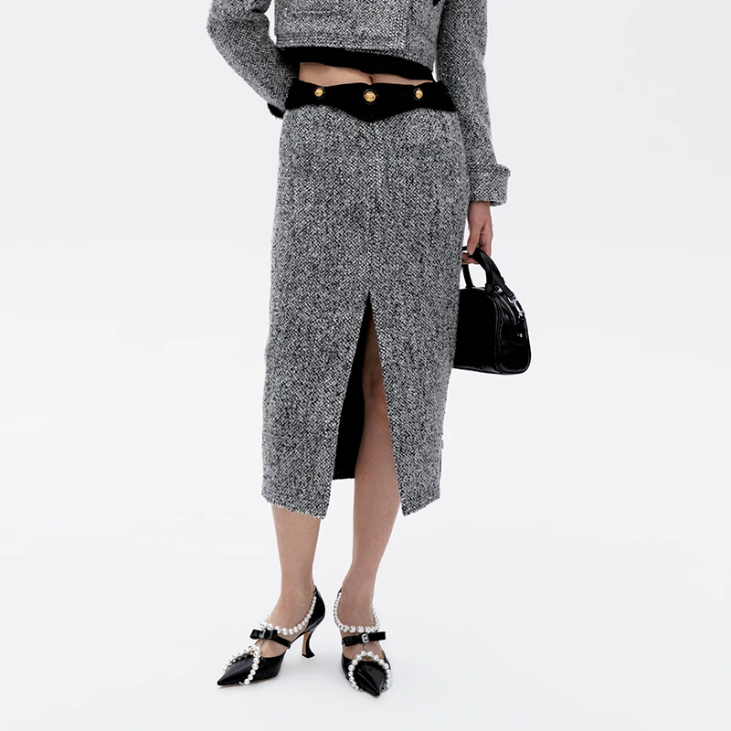 【陈大可】LE FAME/拉飞姆冬季老钱千金包臀前开叉中长半裙