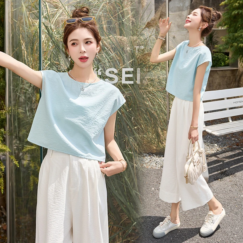 小个子穿搭一整套2025新款夏装韩系显瘦两件套休闲减龄棉麻套装女
