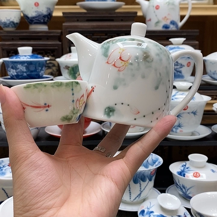 手绘水墨荷花茶壶➕水缸杯主人杯高温瓷釉下彩微瑕福利款