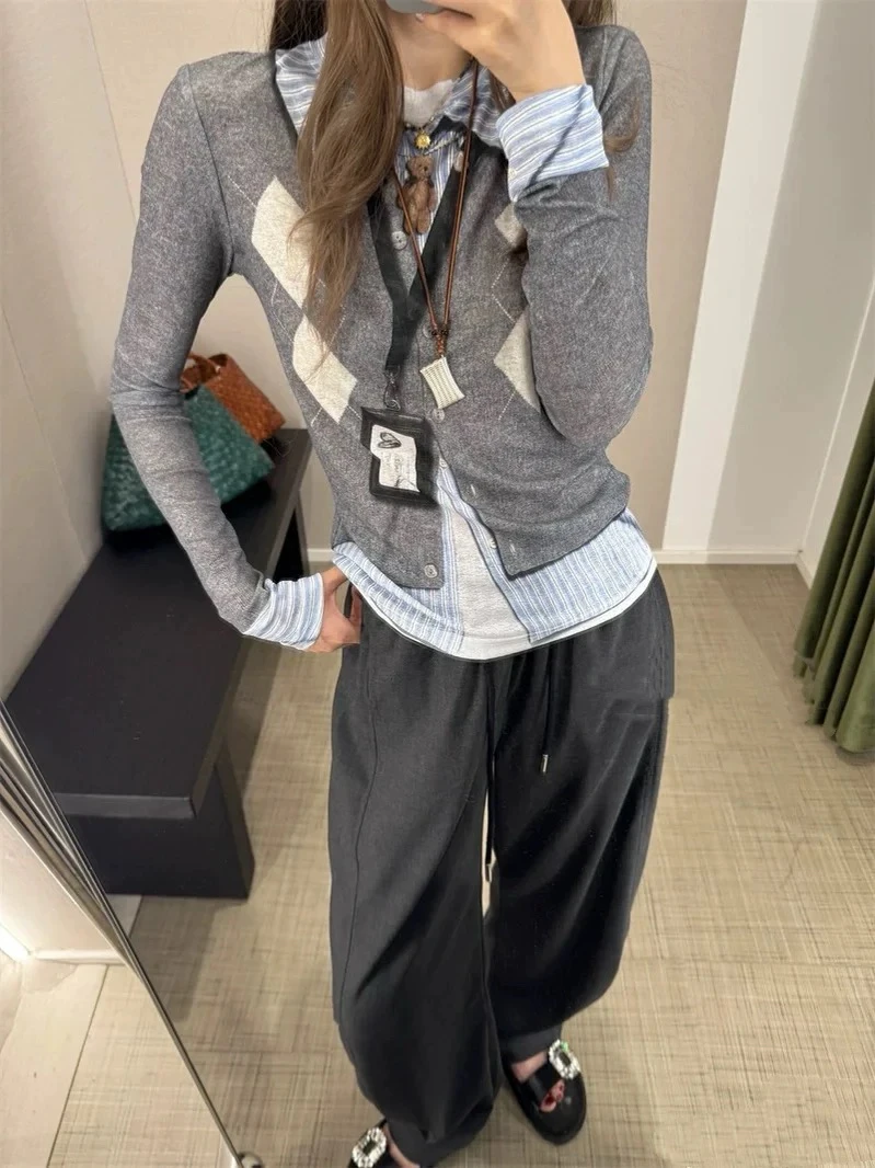 印花秋季假两件灰色T长袖条纹