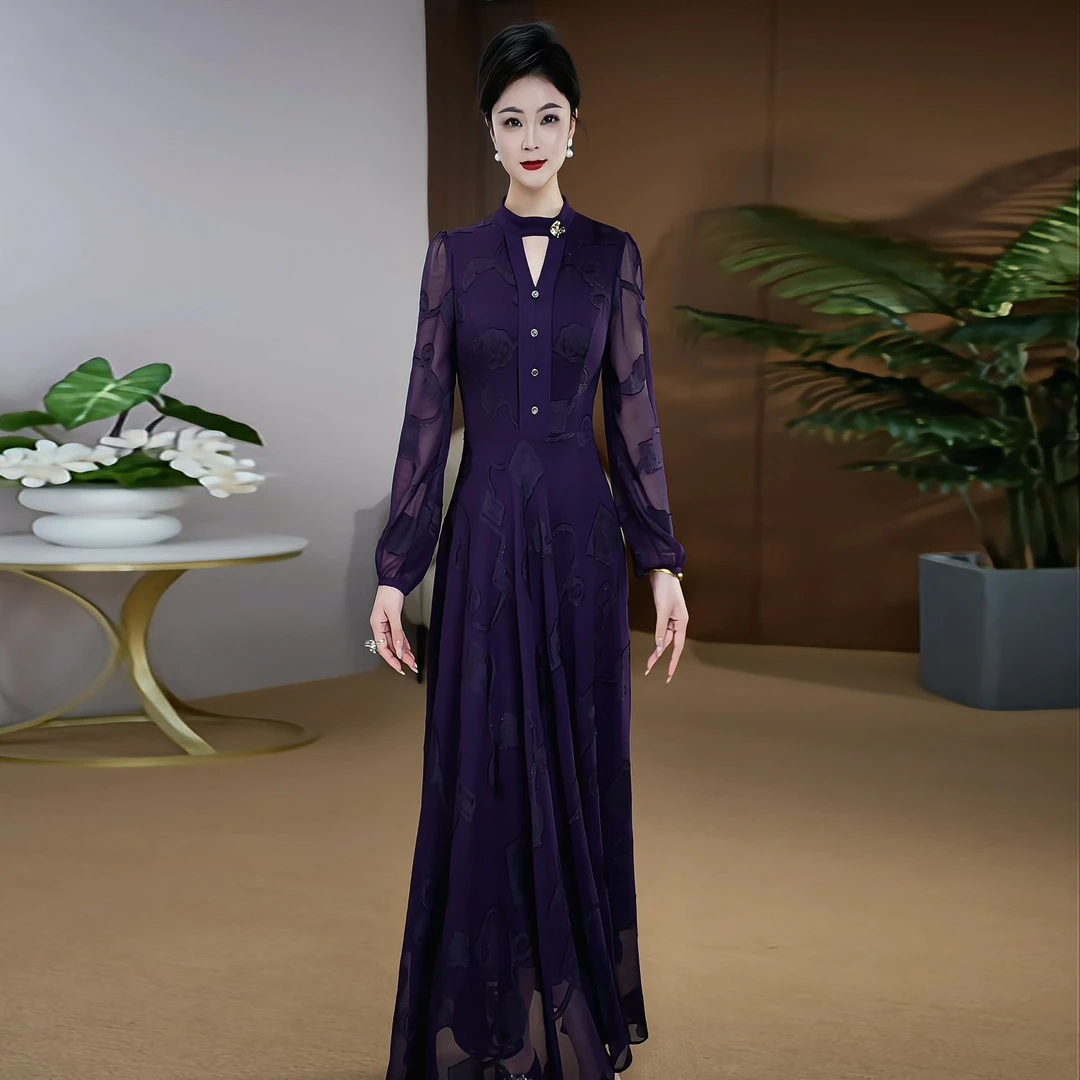 优雅紫色连衣裙2025新款立体植绒提花云锦纱气质度假风长裙   028