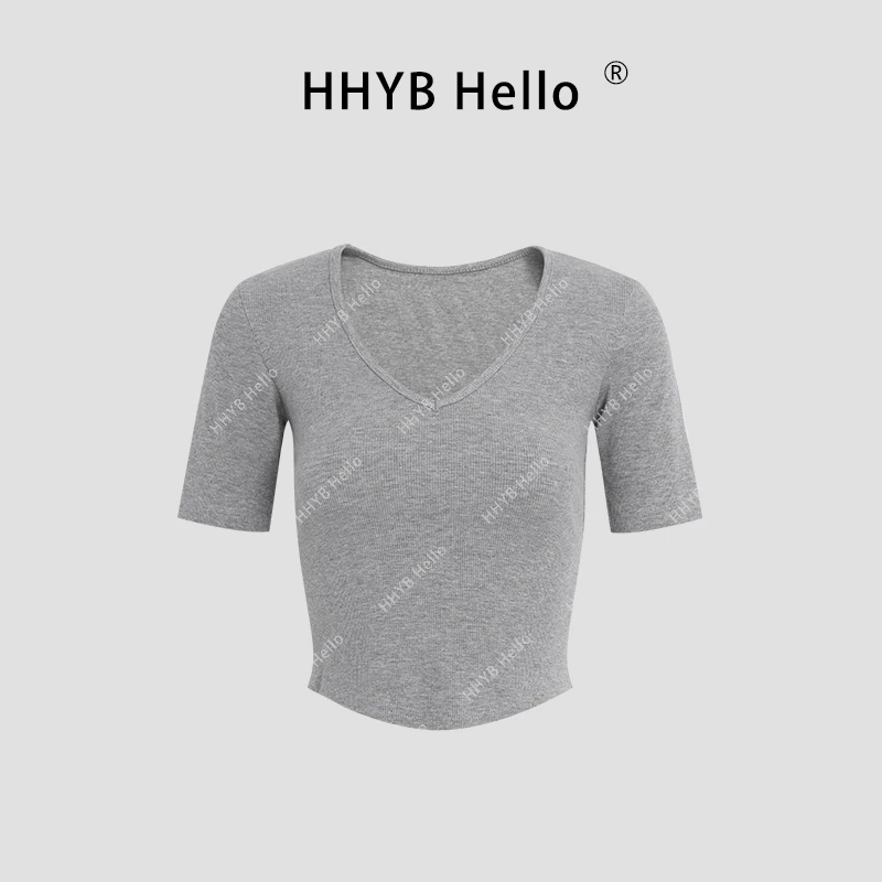 HHYB Hello螺纹短袖T恤女夏2025新款爆款正肩V领小众上衣250186