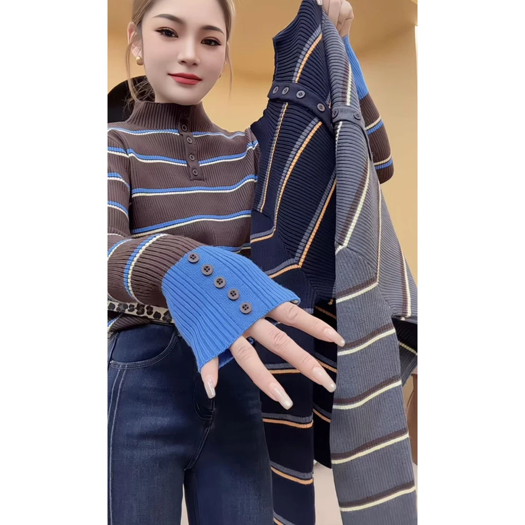 今年流行穿搭2025秋冬新款温柔风半高领条纹修身休闲针织长袖上衣