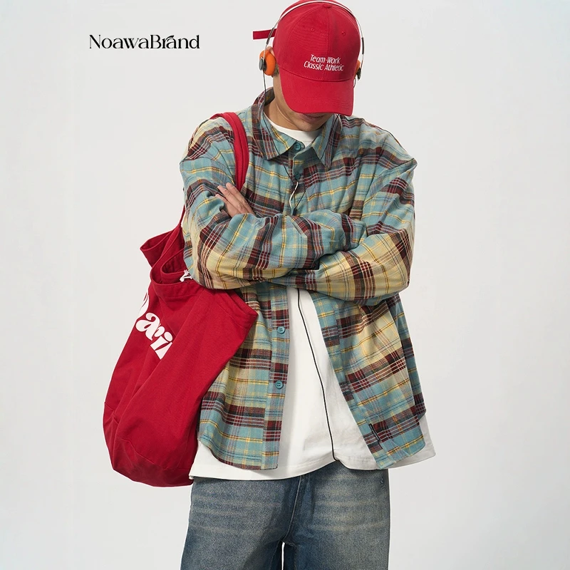 日系复古渐变翻领格子衬衫潮牌ins风宽松情侣上衣外套男生