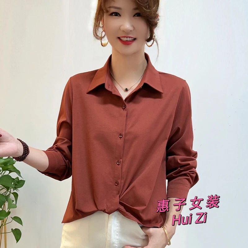 春季长袖衬衫女气质翻领简约纯色法式设计感捏褶显瘦短款洋气上衣