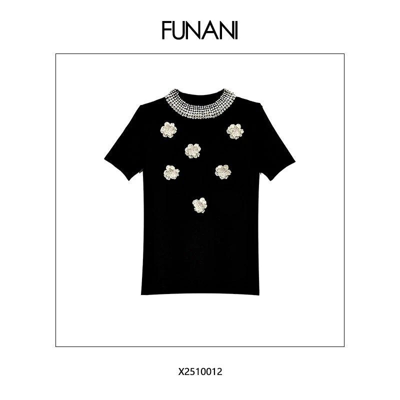 芙娜妮夏季新款重工钉珠圆领上衣提花高级感气质短袖T恤X2510012
