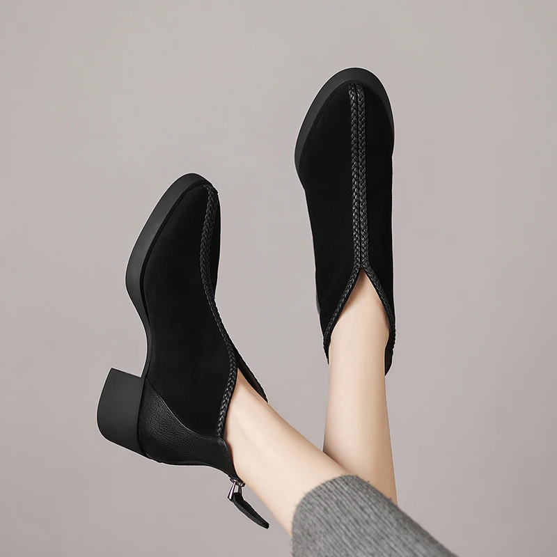 5.5CM-羊皮瘦瘦靴粗跟后拉链防滑圆头秋冬短靴法式单靴新款时装靴