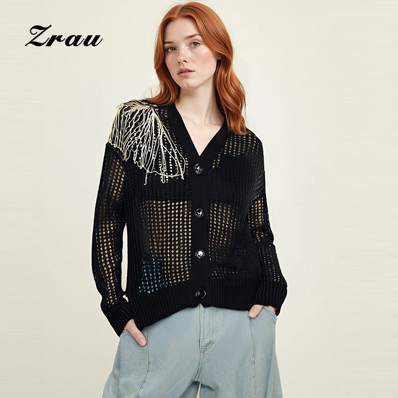 【达人专属】ZRAU复古缕空设计感长袖V领针织开衫Z1241M0011