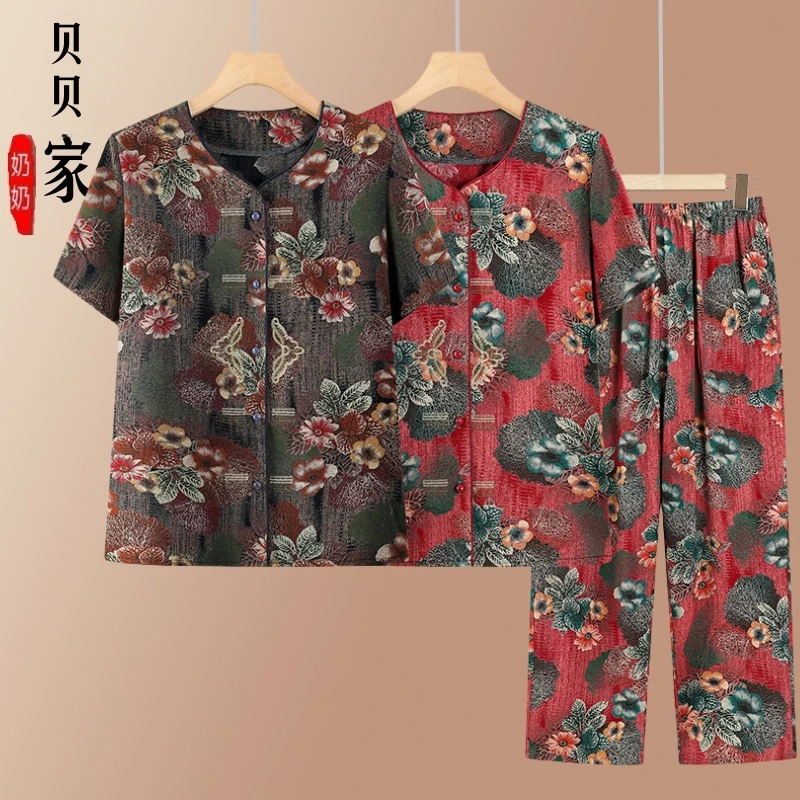 老太太夏季套装奶奶短袖开衫妈妈夏装印花老人两件套70衣服女套装