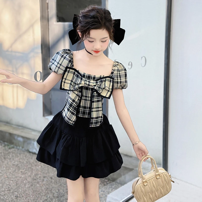 女童夏装格子套装2025新款洋气中大儿童女孩公主蛋糕裙子两件套潮