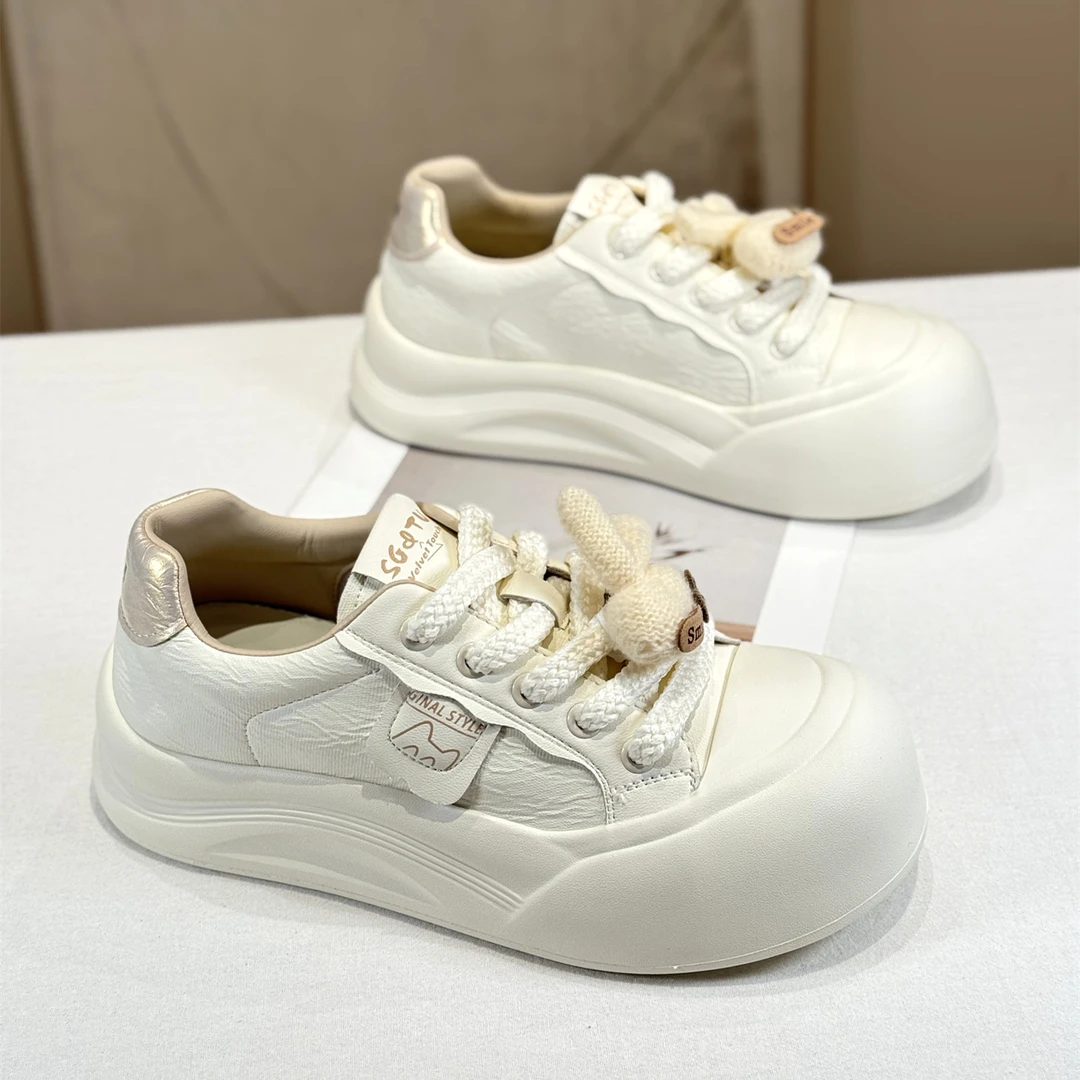 真皮韩版厚底丑萌大头板鞋女2025新款秋季小众卡通洋气百搭小白鞋