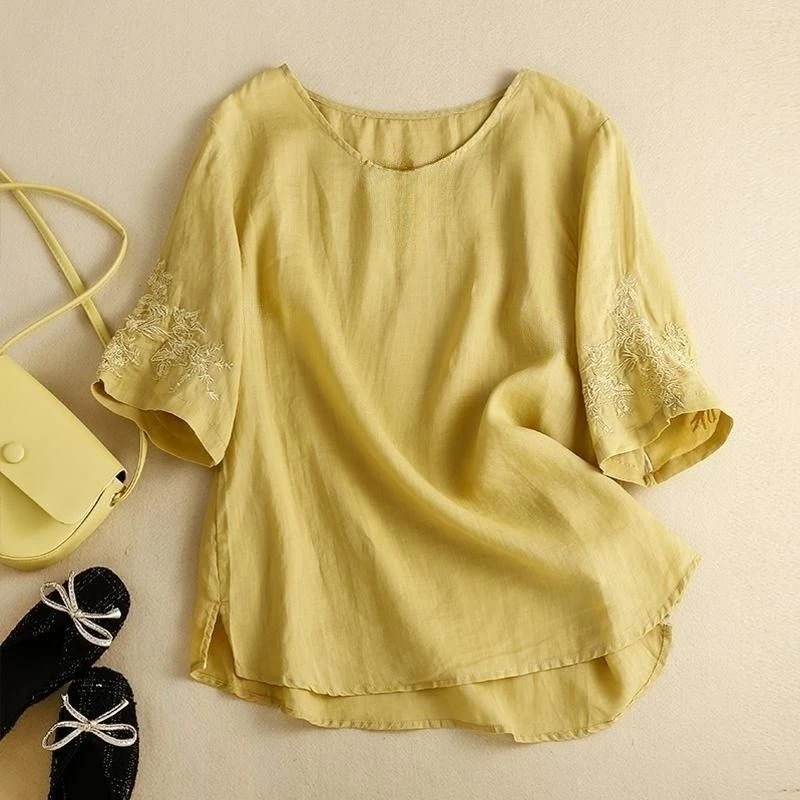 【现货+运费险】棉麻上衣刺绣文艺复古圆领民族风宽松显瘦休闲H993