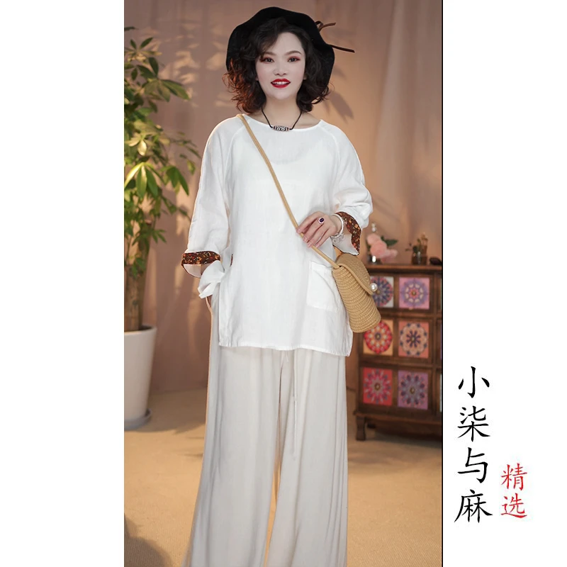 【小柒与麻】（衣长66胸围122）汉麻圆领袖口拼布开叉小衫