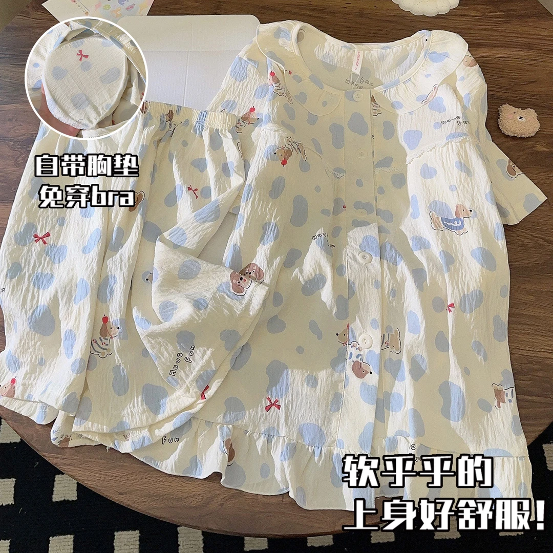 2025新款睡衣女夏季短袖娃娃领可爱豹纹小狗休闲学生家居服套装薄