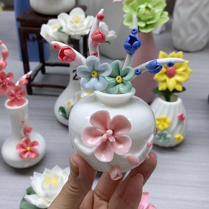 摆件手工制作陶瓷杠摆件带花瓶