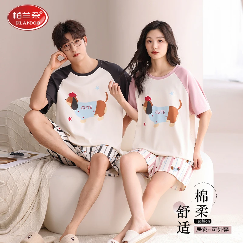 帕兰朵100%纯棉情侣睡衣夏季薄款短袖短裤男女士卡通可爱风家居服