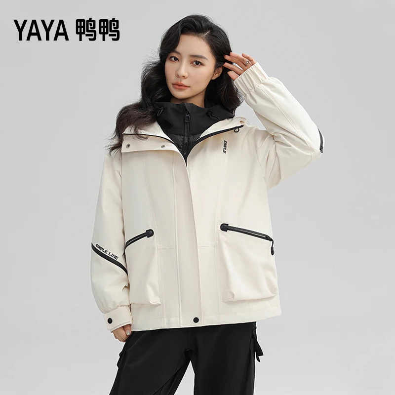 YAYA/鸭鸭可拆卸羽绒服女2025年冬季新款时尚撞色派克服冲锋外套