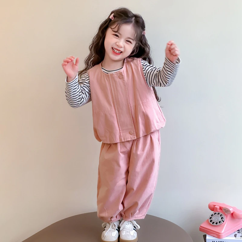 女童春装工装套装2025新款儿童马甲时髦洋气三件套宝宝春秋款衣服