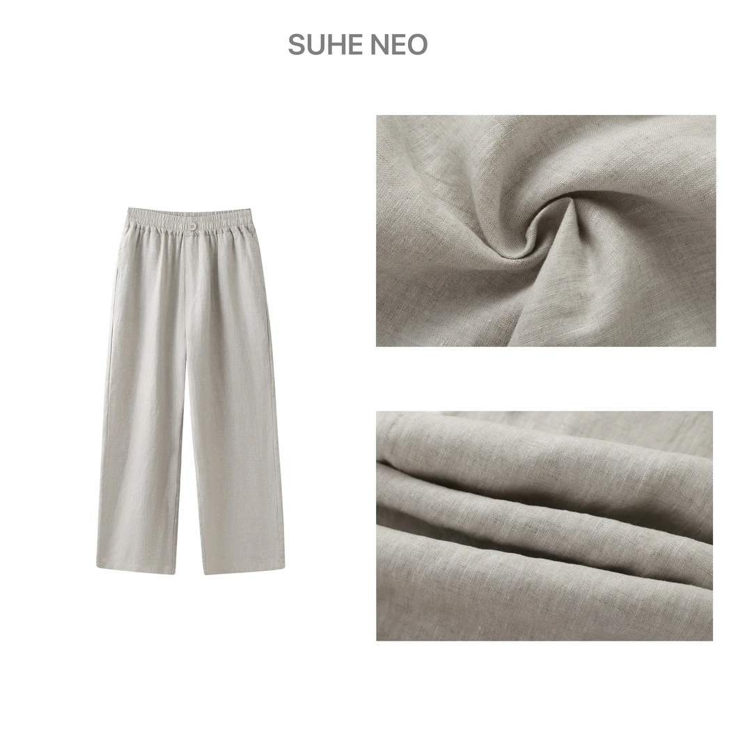 【SUHE NEO】100% 高端雨露亚麻简约纽扣款直筒女裤