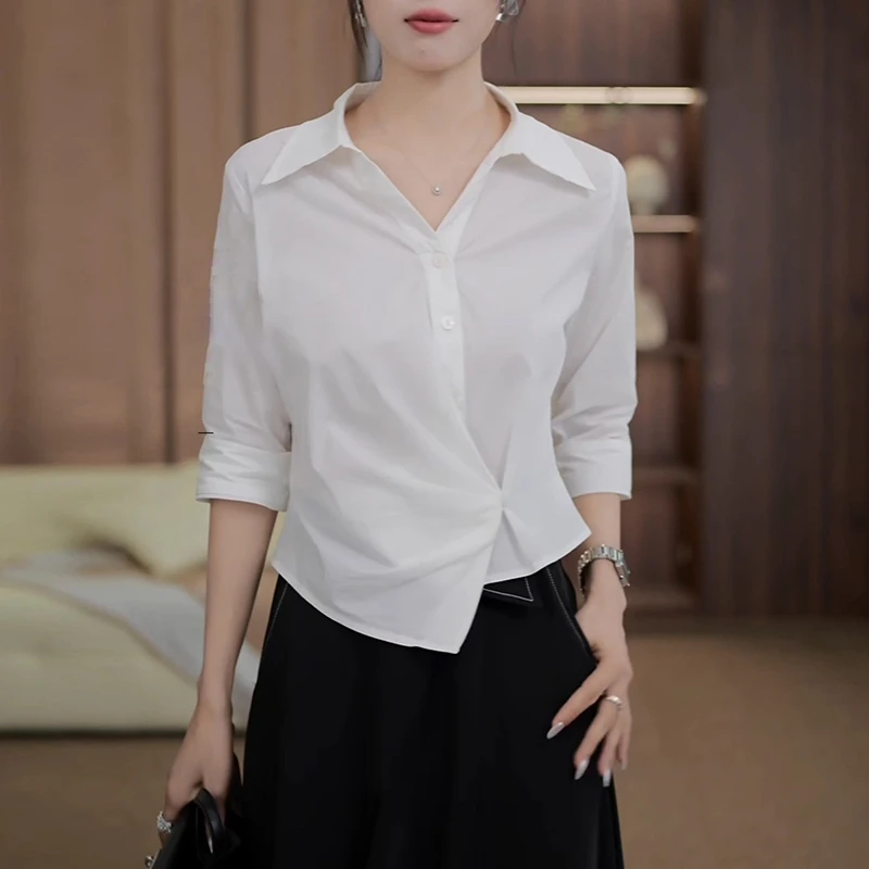 七分袖衬衣女装爆款2025新款夏季网红简约时尚百搭上衣时髦通勤感