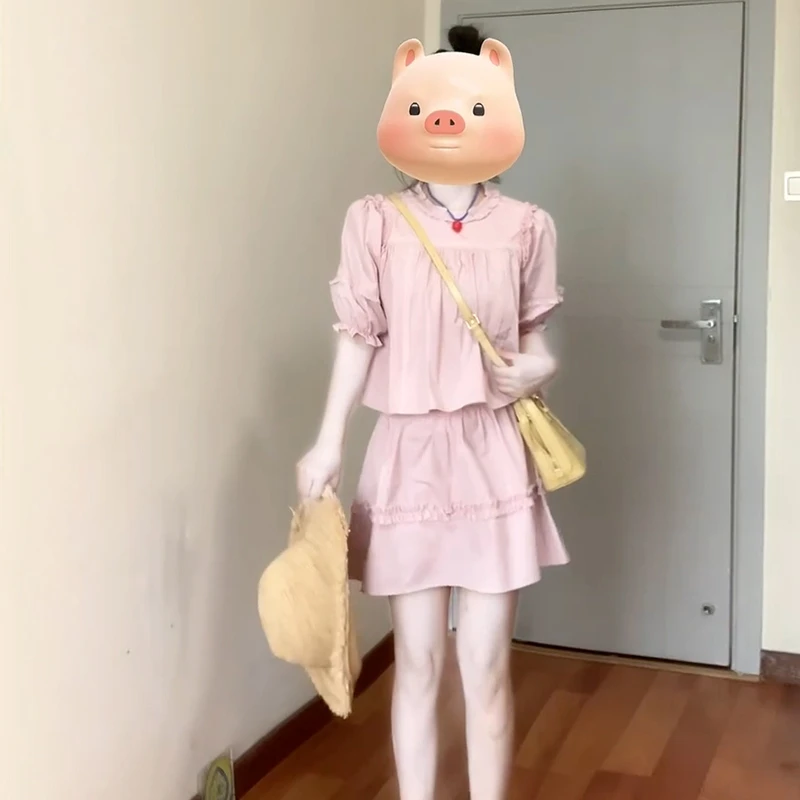 【现货+运补】甜美风粉色泡泡袖衬衫连衣裙设计感绝美套装短裙3490