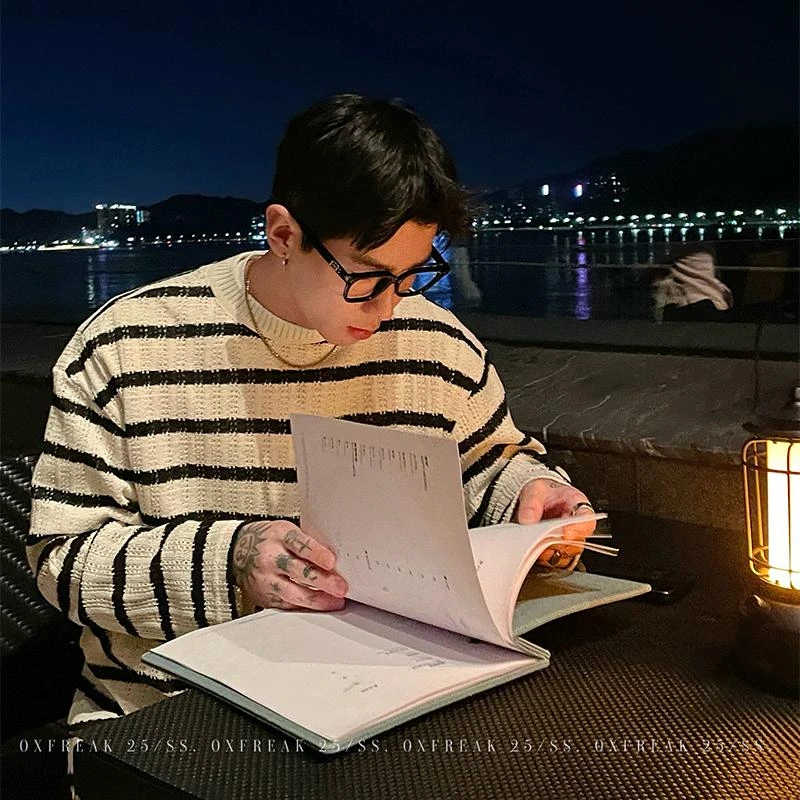 OXFREAK 「松弛感 加固螺纹」春季微针条纹长袖t恤男宽松打底衫