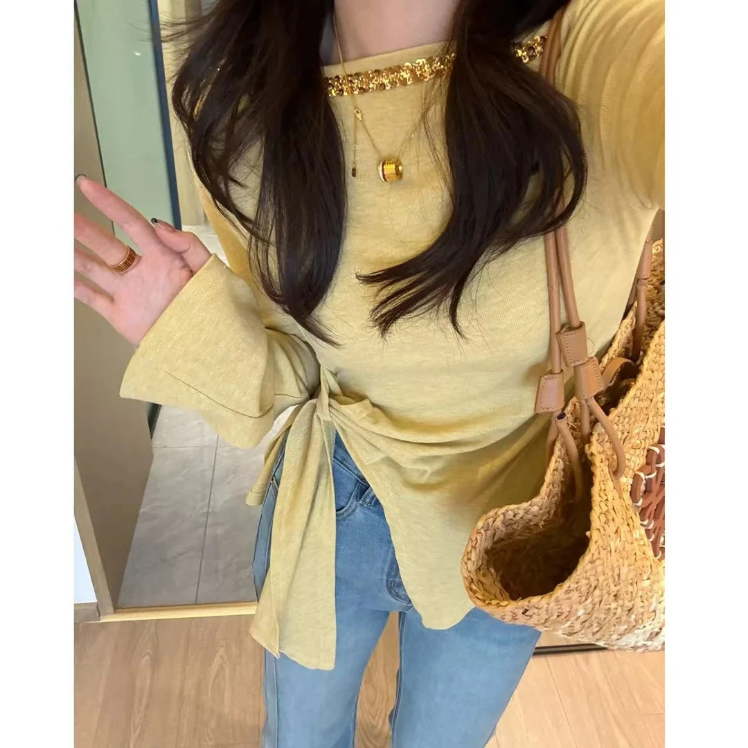 【又又】大码胖mm不规则侧开叉收腰T恤修身百搭显瘦微透长袖上衣