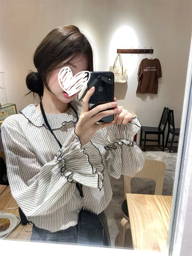 法式复古甜美条纹荷叶领设计感喇叭袖气质长袖衬衫显瘦女上衣